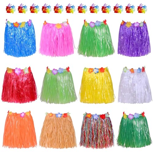 Satiskid Kostümset Hawaii mit 12 Stück Hawaii Hula Rock und 12 Stück Blumen Armbändern, 40cm Elastisches Blumen Rock Hawaiian Hula Rock Hawaii Outfit Party Kostüm für Sommer Strandparty Dekorationen von Satiskid