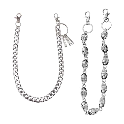 Satiskid Schwer Hosenketten 2er Pack - Biker Totenkopf Metall Geldbörsenkette + Premium Hose Kette - Anti-Diebstahl Gothic Punk Jeans Ketten Set für Männer (Silber) von Satiskid