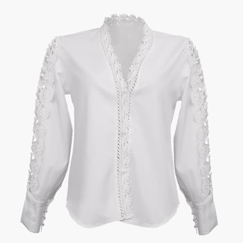 Satohom Damen Blusen mit Tief V Ausschnitt, überbackener Spitze Lange Hohl Spitzenärmel Gebänderte Manschetten Schickes Tunika Elegantes Hemd für Ladies, Weiß von Satohom