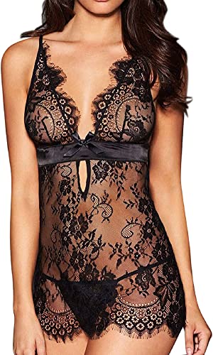 Satohom Damen 2-TLG Dessous Spitze Transparente Dessous Body, Dessous für Frauen, Spitze, Teddy, sexy, tiefer V-Neckholder, offener Rücken, Bodysuit, Babydoll, S-3XL von Satohom