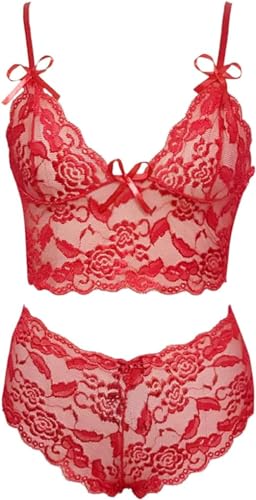 Satohom Damen Dessous Sexy Reizwäsche Set Unterwäsche Lingerie Negligee 3-Teil BH + String Tanga, Spitze Push-Up Träger-BH und Höschen-Set G-String, Florale Spitze Babydoll XS-XXL von Satohom