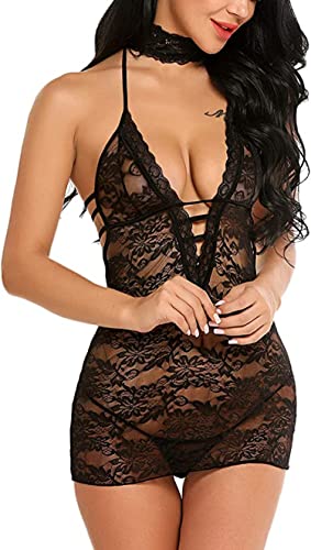 Satohom Damen Dessous Spitze Transparente Dessous Body Frauen Erotische Negligee Bodysuit Sexy Halter Deep V Babydoll Lingerie Nachtwäsche mit G-String S-XXL von Satohom