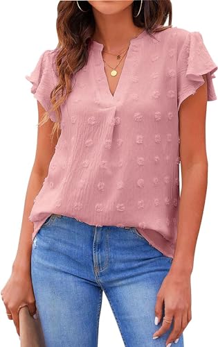 Satohom Damen Elegant Bluse Chiffon Rüschenbluse Swiss Dot Einfarbig Shirt V-Ausschnitt Leicht und Atmungsaktiv Lockerer Kurzarm Lässig Oberteile Tops Frauen Casual Blusen Sommer Loose Fit von Satohom