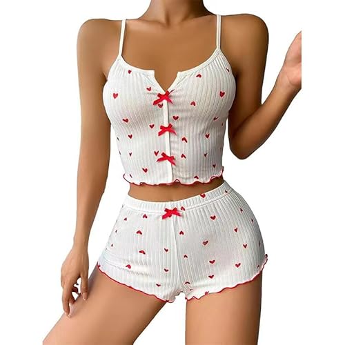 Satohom Damen Pyjama Set Zweiteiler Sommer Ärmellos Kurz Slim Fit Schlafanzug Elegant Leicht Lounge Set Camisole Top Und Shorts Set V-Ausschnitt Hausanzug Sleepwear Loungwear Clothes Outfit von Satohom