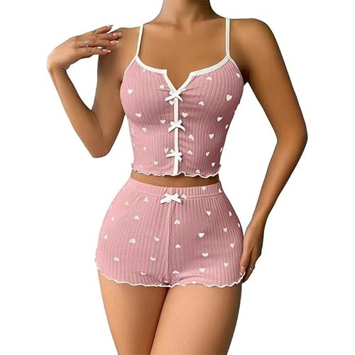 Satohom Damen Pyjama Set Zweiteiler Sommer Ärmellos Kurz Slim Fit Schlafanzug Elegant Leicht Lounge Set Camisole Top Und Shorts Set V-Ausschnitt Hausanzug Sleepwear Loungwear Clothes Outfit von Satohom