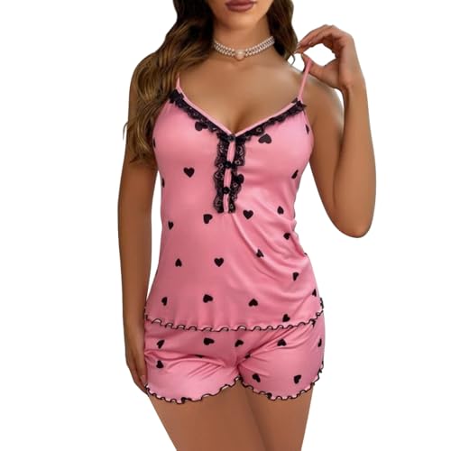 Satohom Schlafanzug Damen Pyjama Set Kurz Sommer Hausanzug 2-Teiliges Ärmellos Verstellbare Spaghettiträger Cami Top und Shorts Home Spitze Nachtwäsche V-Ausschnitt Loungewear Sleepwear S-XL von Satohom
