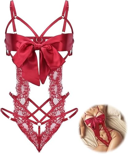 Satohom Sexy Damen Dessous Set, Erotische Translucent Spitze Riemchen Bodysuit mit Bogen, Overall Lingerie mit Loch Reizwäsche BH und Höschen Sets, Verstellbare Offen Unterwäsche (Schwarz/Rot) von Satohom