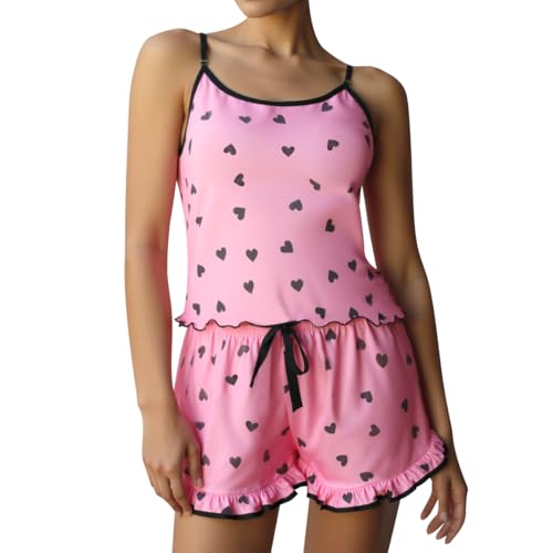 Satohom Sommer Pyjama Set Damen Frauen-EIS-Seiden- mit zerkleinerten Milch-Hosenträgern für Zuhause, weich, mit Liebe bedrucktes Pyjama-Set Tunika 2 teilige Oberteile und Shorts, S-XL von Satohom