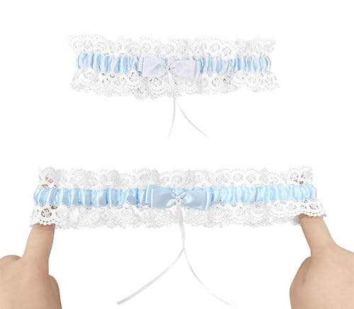 Satohom Weinachten Strumpfband für Braut Strumpfband Spitze mit blaues Satinband und glänzendem Kristall Spitze weiße Elegante Perle in der Mitte Strumpfband Brautschmuck Hochzeitsstrumpfband Braut von Satohom