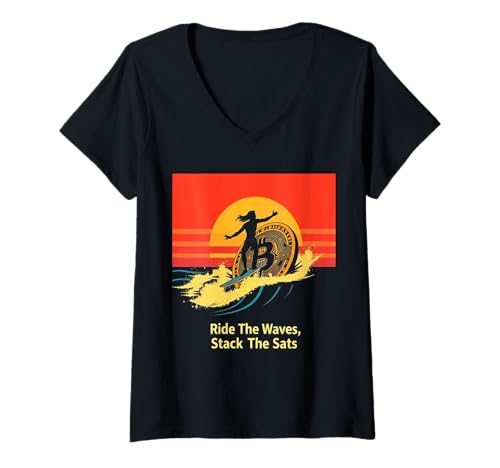 Damen Surfen Crypto Blockchain Wave Finance Digital Money Bitcoin T-Shirt mit V-Ausschnitt von Satoshis Fashion: The Bitcoin only Store