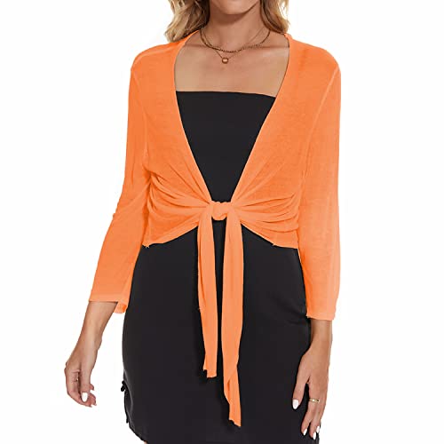 Damen Bolero Cardigan mit Schnürung vorne, 3/4-Ärmel, geknotet, leicht, kurz, Schal-Oberteil, Orange/Abendrot im Zickzackmuster (Sunset Chevron), Mittel von Satuun