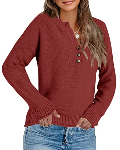 Saudacdn Damen Casual V-Ausschnitt Button Down Langarm Rippstrick Lose Henley Tunika Pullover Herbst Pullover Pullover Tops, ziegelrot, Klein Saudacdn Damen Casual V-Ausschnitt Button Down Langarm Rippstrick Lose Henley Tunika Pullover Herbst Pullover Pullover Tops, ziegelrot, Klein von Saudacdn
