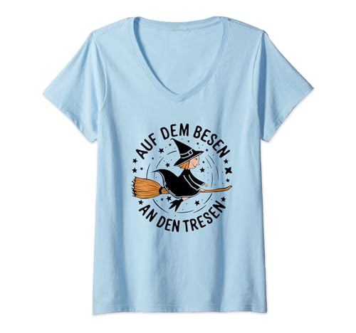 Damen Auf dem Besen an den Tresen Party Saufen Mallorca Hexe T-Shirt mit V-Ausschnitt von Sauftourist Biertrinker Party Saufen Mallorca
