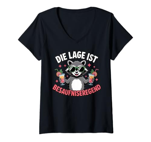 Damen Party Outfit Die Lage Ist Besäufniserregend mit Waschbär T-Shirt mit V-Ausschnitt von Sauftourist Biertrinker Party Saufen Mallorca