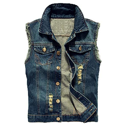 Saukiee Herren Casual Revers Denim Weste Vintage Slim Fit ärmellos Ripped Jeans Weste - Blau - M (Büste : 112 cm Schulter : 44 cm Länge : 67 cm) von Saukiee