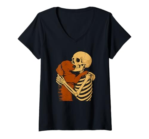 Damen Dackel Halloween Skelett Umarmender Hund für Besitzer T-Shirt mit V-Ausschnitt Damen Dackel Halloween Skelett Umarmender Hund für Besitzer T-Shirt mit V-Ausschnitt von Sausage Dog Graphic Designs