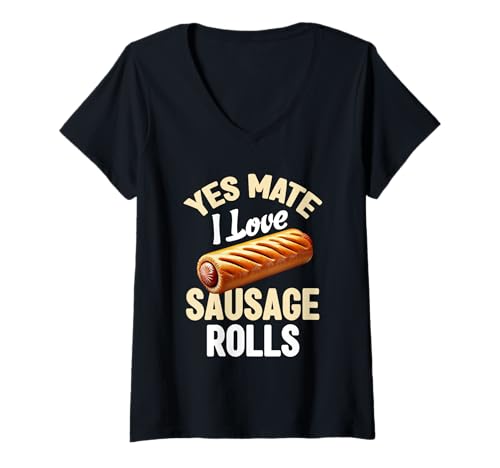 Damen Yes Mate I Love Sausage Rolls Wurstbrötchen Fächer Food Eater T-Shirt mit V-Ausschnitt von Sausage Rolls Apparel For Women & Men