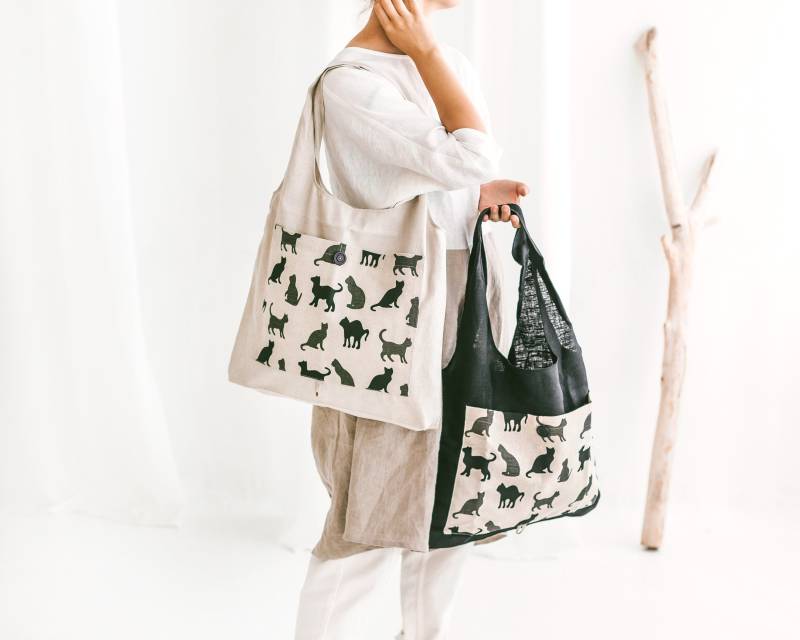 Faltbare Einkaufstasche Handgefertigte Leinentasche Cats von SavaSeasonsUS