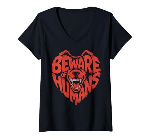 Damen Vorsicht vor Menschen und Hund, lustige Warnkunst T-Shirt mit V-Ausschnitt Damen Vorsicht vor Menschen und Hund, lustige Warnkunst T-Shirt mit V-Ausschnitt von Savage Introvert Humor for Pet Lovers and Misfits