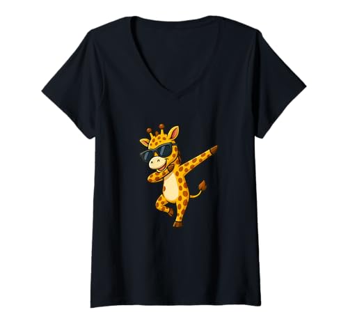 Damen Coole Giraffe Dabbing mit Sonnenbrille Sommer T-Shirt mit V-Ausschnitt von Savanna Fun Giraffe Summer Cool Design