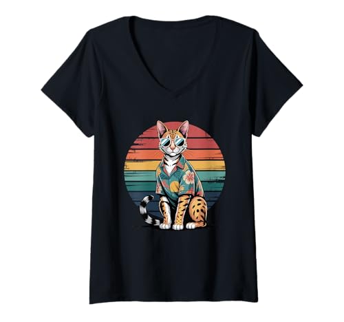 Damen Savannah Cat Sonnenbrille Hawaii Strand Sommer T-Shirt mit V-Ausschnitt von Savannah Lover Gifts