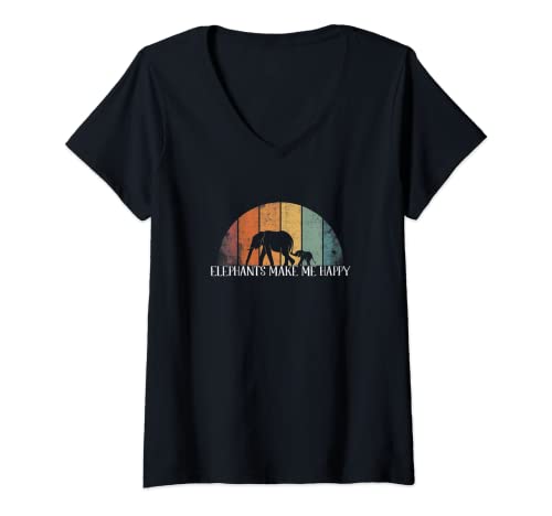 Damen Elefanten Machen Mich Glücklich Safari Elefant Vintage T-Shirt mit V-Ausschnitt von Savanne Tiermotiv Geschenkidee Afrikaliebhaber