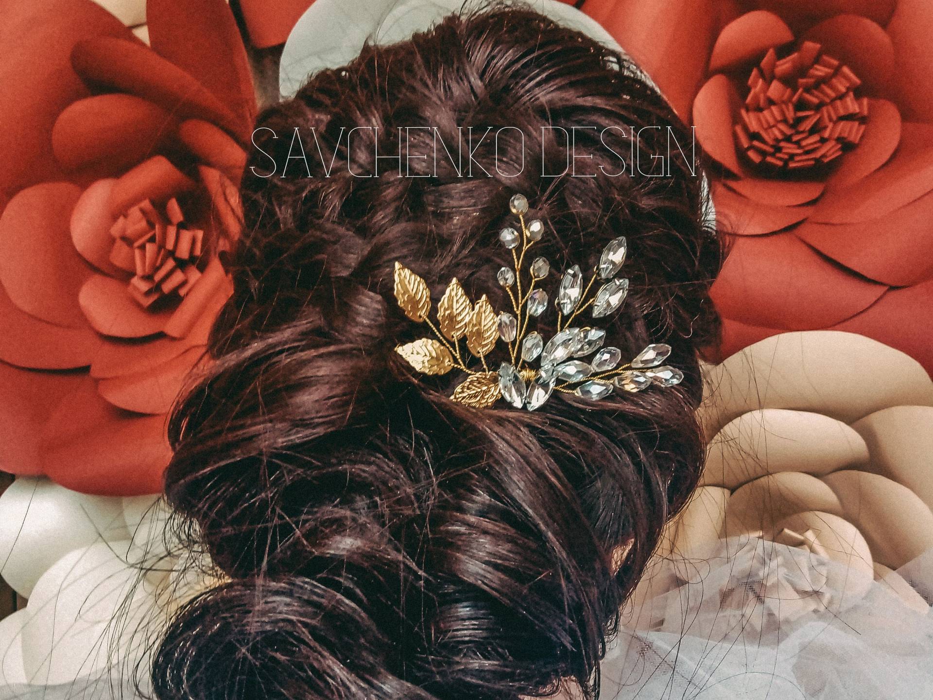 Blattgold Haarnadeln Boho Braut Haarteil Mit Kristallen | 2Er Set von SavchenkoDesign