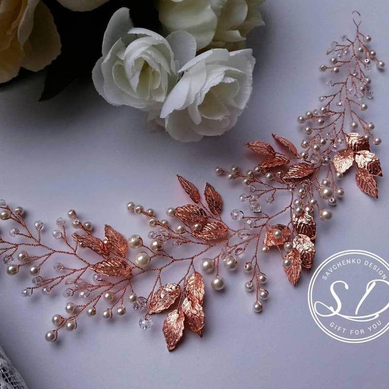 Rose Gold Blatt Brauthaarranke Perle Kristall Kopfschmuck von SavchenkoDesign