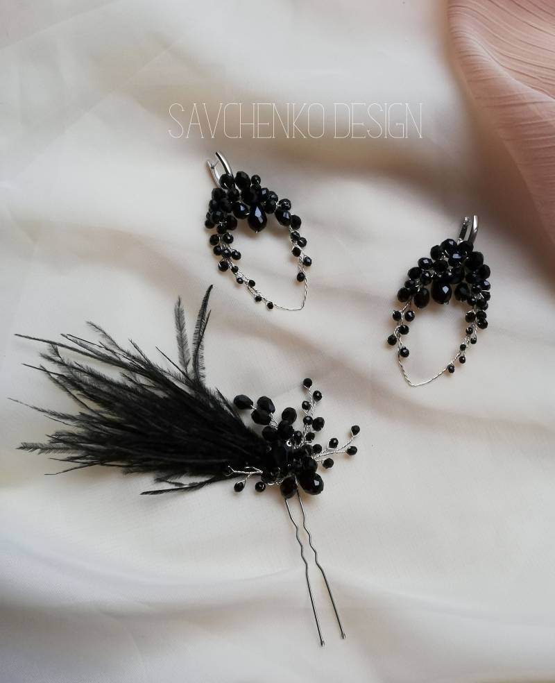 Schwarze Feder Brautschmuck Haarnadel Und Ohrringe Gatsby Haarteil Federn Haarkamm Set Headpiece 1920 von SavchenkoDesign