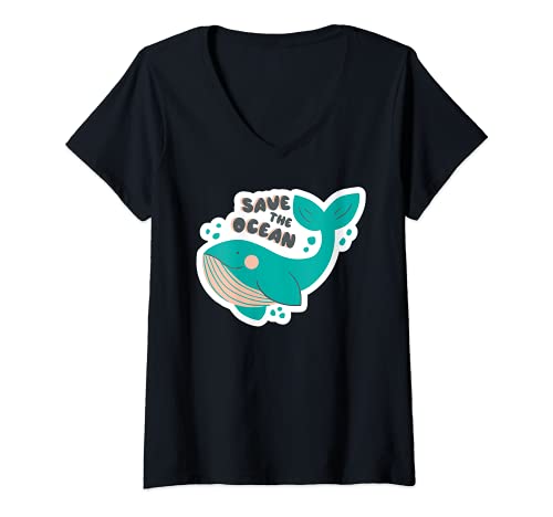 Damen Save The Ocean - Whale Illustration T-Shirt mit V-Ausschnitt von Save The Ocean - Whale Illustration