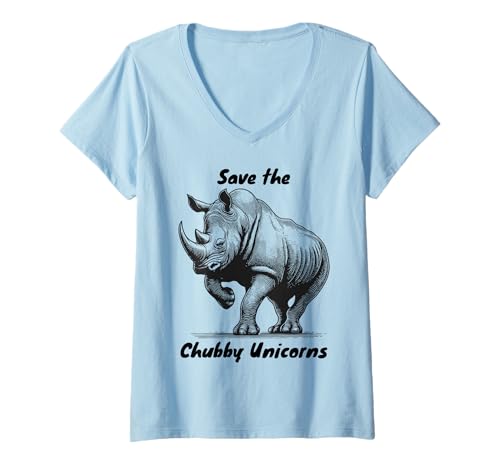 Damen Lustiges Nashorn molliges Einhorn Spruch Frauen Mädchen Kinder T-Shirt mit V-Ausschnitt von Save the Chubby Unicorn Funny animal Joke Dads