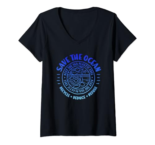 Damen Umweltschutz Spruch Save the Ocean PlastikFrei Spruch T-Shirt mit V-Ausschnitt von Save the Ozean, Umweltschutz Spruch, Scuba Tauchen