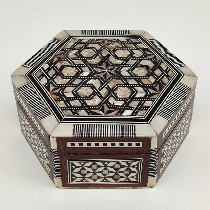 Hexagonal Wooden Jewelry Trinket Box With Hinged Lid, Mother Of Pearl Inlay Patterns, Suitable As A Xmas Gift, Ideal For Storing von SaveForFuture