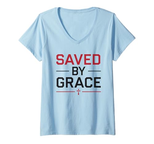 Damen Saved by Grace Christian Faith Bibelvers Religiös T-Shirt mit V-Ausschnitt Damen Saved by Grace Christian Faith Bibelvers Religiös T-Shirt mit V-Ausschnitt von Saved By Grace Christian Faith Cross