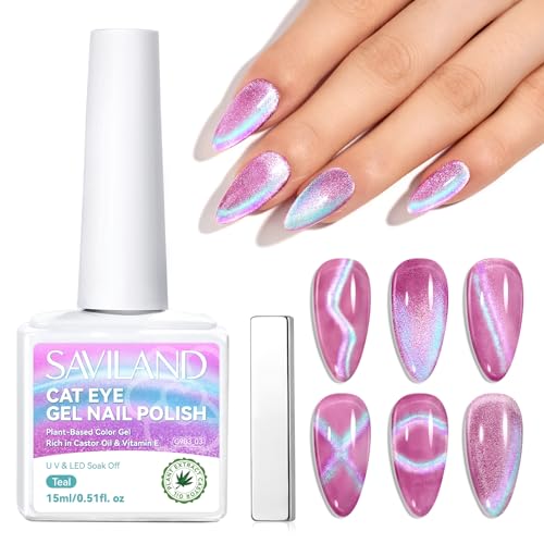 SAVILAND 15ML Cat Eye UV Gel Nagellack mit Magnet, 9D Cateye UV Gel Silver Cateye Magnet Einweichen Holografischer Katzenaugen Gel Nail Polish UV Nagellack Glitzer Art Manicure Salon Home DIY(Lila) von Saviland