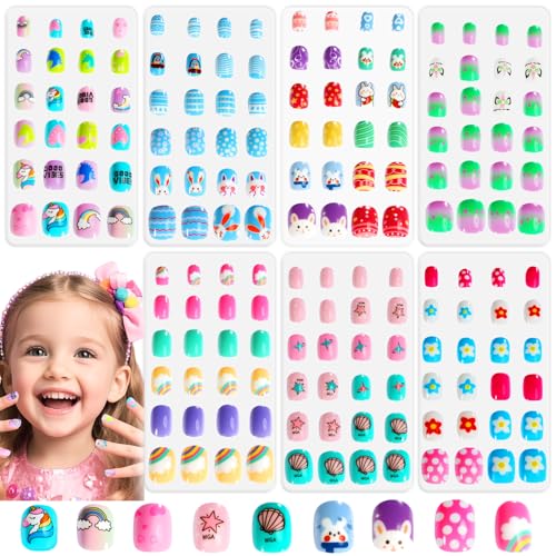 SAVILAND 168 Stück Press on Nails für Kinder: 7er Pack Gemälde Bunte Blumennägel Kinder Künstliche Nagelspitzen Süße Kindernägel für Mädchen 8-12 Jahre Pre Glue Full Cover Short False Mädchen Geschenk von Saviland