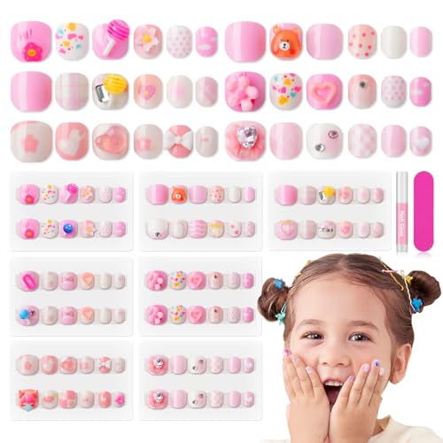 SAVILAND 3D Kinder Fingernägel Press On Pre Glue Full Cover Short Nail Tips Set Glitter Color Rainbow Selbstklebende Künstliche Fingernägel Zum Aufkleben Kinder Nagelstudio Kinder Mädchen 84pcs Rosa von Saviland