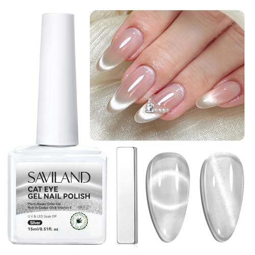SAVILAND Cat Eye UV Gel Nagellack mit Magnet, 15ml 9D Cateye Silver Cateye Magnet Einweichen Holografischer Katzenaugen Gel Nail Polish UV Nagellack Glitzer Art Manicure Salon Home DIY Silber von Saviland