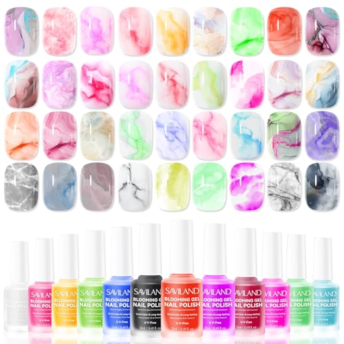 SAVILAND Color Artistry Blooming Gel Nagellack: Ölmalerei Effekt Blooming Gel Nail Polish 12pcs x 12ml Dopamin Farbige Bloom gel Polish Marble Watercolor Schnell Trocknend Langlebig Nail Art DIY Nägel von Saviland
