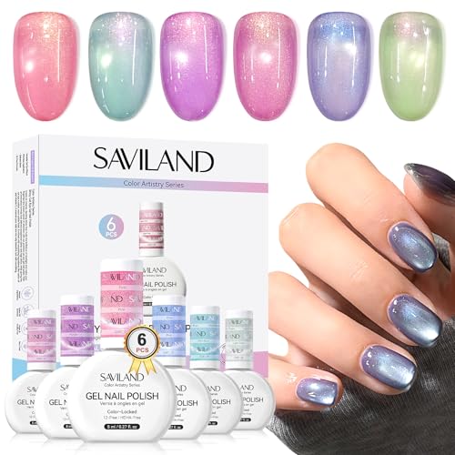 SAVILAND Color Artistry Cat Eye Gel Nagellack: Kristallglänzender Magnet Gelnagellack in Aurora Pink Blau Lila Traum Cateye Gel Lack Set 6 Farben mit Magnetstift DIY Geschenke für Frauen Magnet von Saviland