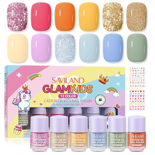 SAVILAND Kinder Nagellack Schnelltrocknend: Ungiftig Nagellack Set 12 Farben Wasserbasis Peel-Off Kindernagellack Natürlich Rizinusöl Nail Polish Set mit Aufkleber für 5-12 Jahren Mädchen Geschenkset von Saviland