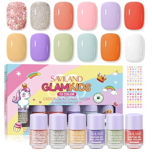 SAVILAND Kinder Nagellack Set: 12 Farben schnelltrocknend Kindernagellack Mädchen Ungiftig, Wasserbasis Peel Off Sicheres Nail Polish Set mit Aufkleber für Mädchen und Jungen im Alter von 5-12 Jahren von Saviland