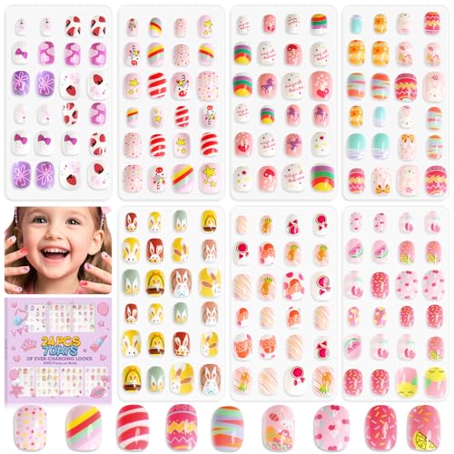 SAVILAND 168 Stück Press on Nägel für Kinder: Sommerfrisch Kindernägel Sunny Sweet Fruit Bunny Kid Nails Sanfte Kunstnägel Pre Glue Full Cover Nagel Mädchen 8-12 Jahre Kinder Geschenk Kinderspaß Nägel von Saviland