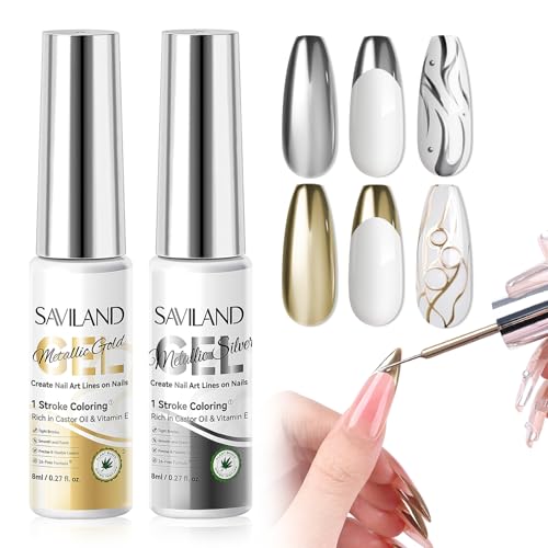 SAVILAND Painted Gel Nagellack Liner Nail Art Polish 8ml 2 Farben Gold Silber Eingebauter Dünner Nail Art Pinsel UV Soak Off LED French Manicure Starter für Swirl Nails Home DIY Nagelstudio Farben von Saviland