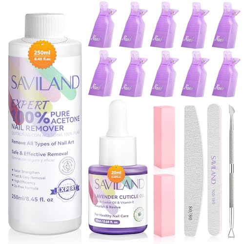 SAVILAND Plus Expert Nail Polish Remover Set : 250ML Reinem Aceton UV Nagellackentferner Effective Removal Gel Polish Remover for Nails mit Cuticle Oil 10Pcs Nail Clips für Gel Acryl Dip Powder Nails von Saviland