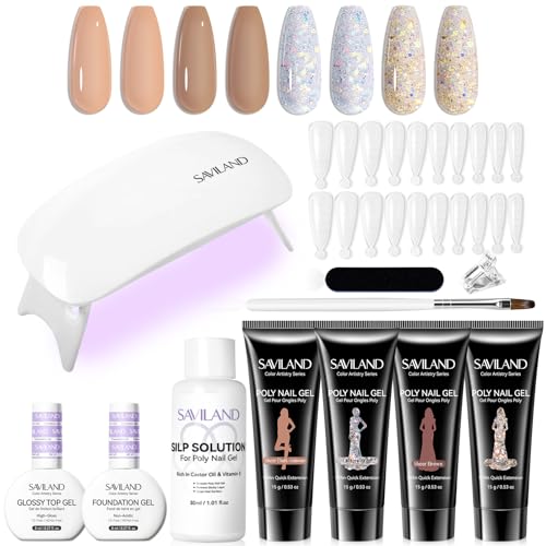 SAVILAND Poly Nagelgel Set: Schnell & Einfaches mit Nagellampe 4 Farben Transparenten & Glitzernden Nägeln Pflegendem & Anhaltendem Glanz All-in-1 DIY Maniküre Set für Frauen für zu Hause von Saviland