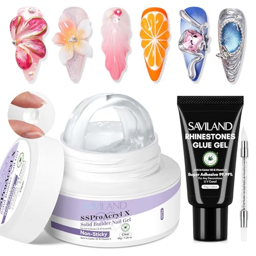 SAVILAND Pro Solid Builder Gel mit Rhinstone Charms Glue Gel Set: 2PCS 30g 3D Nail Art Nagelskulptur für Nails Non Stick Tips Extension Skulptur Multifunktionales Nagelmodellage Salon DIY von Saviland