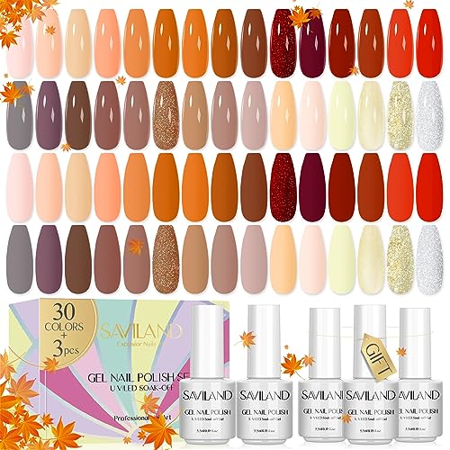 Saviland 33PCS Gel UV Nagellack Set - 30 Farben Herbst Gel Polish Set Rot Braun Glitter Soak off UV Gel Nagellack mit Base Coat & Matt Top Coat Französische Weihnachten Maniküre Nail Art Starter Set von Saviland