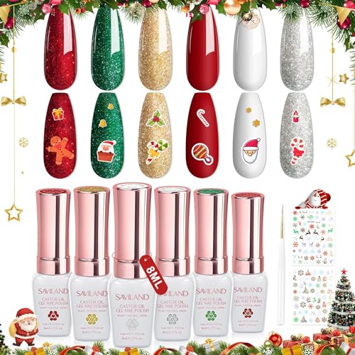 Saviland 6 Farben UV Nagellack Set mit Nail Art Liner Pinsel und Nagelsticker, Glitzer Gold Rot Grüner Silber Weiß Weihnachts Gel Nagellack Set Soak-Off UV Gel Nail Polish Geeignet für Anfänger von Saviland