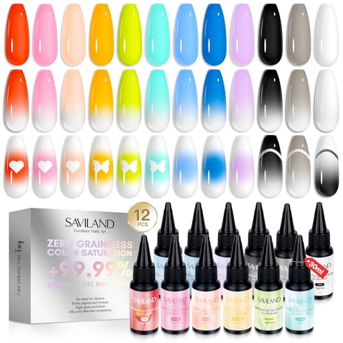 Saviland Airbrush Gel Nagellack – 12 Farben Frühlings Sommerkollektion für Nail Art Design Aufkleber Französische Maniküre 30 ml Nagellack,Langlebig, ohne Verdünnung Soak Off Nails Gel Set von Saviland